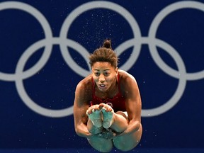 Jennifer Abel of Canada in action in the women's three-metre springboard semifinal at the Tokyo 2020 Summer Olympics on July 31, 2021.