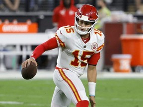 Chiefs quarterback Patrick Mahomes scrambles against the Raiders during NFL action at Allegiant Stadium Las Vegas, Sunday, Nov. 14, 2021.