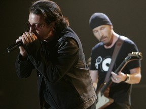 U2's Bono and The Edge are pictured performing at the Air Canada Centre in Toronto, Sept. 12, 2005.