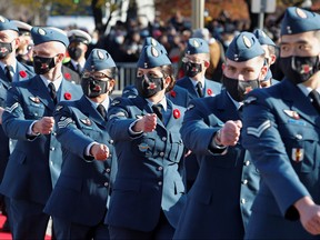 Royal Canadian Air Force's members march prior to a ceremony at the National War Memorial on Remembrance Day in Ottawa, Nov. 11, 2021.