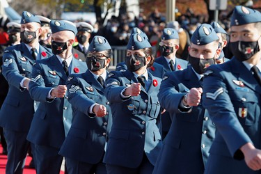 Royal Canadian Air Force's members march prior to a ceremony at the National War Memorial on Remembrance Day in Ottawa, Nov. 11, 2021.