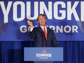 Virginia Republican gubernatorial nominee Glenn Youngkin speaks during his election night party at a hotel in Chantilly, Va., Nov. 3, 2021.