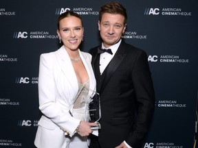 Honoree Scarlett Johansson and Jeremy Renner attend the 35th Annual American Cinematheque Awards at The Beverly Hilton on Nov. 18, 2021 in Beverly Hills, Calif.
