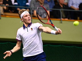 Canada's Denis Shapovalov returns the ball to France's Arthur Rinderknech during the quarterfinals of the ATP Stockholm Open in Stockholm on November 11, 2021.