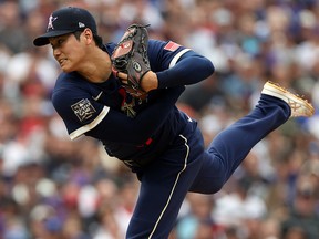 Shohei Ohtani of the Los Angeles Angels pitches during the 91st MLB All-Star Game at Coors Field on July 13, 2021 in Denver.