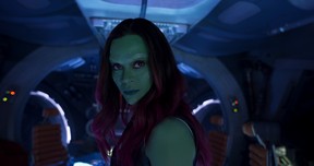 Zoe Saldana as Gamora in a scene from Guardians of the Galaxy Vol. 2.