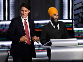 Canadian Prime Minister and Liberal Leader Justin Trudeau and NDP Leader Jagmeet Singh get ready for the start of the federal election English-language Leaders debate in Gatineau, Quebec on September 9, 2021.