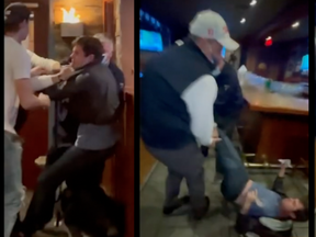 Screengrabs from video of an encounter at Kitchener eatery Milton’s Restaurant on Wednesday, Nov. 10, 2021.