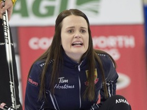 Skip Tracy Fleury of East St. Paul, Man., instructs her teammates during a Draw 11 game against team Harrison at the Canadian curling trials on Nov. 24, 2021.