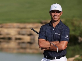 Billy Horschel of United States poses at the 18th hole during the Pro-Am at The DP World Tour Championship at Jumeirah Golf Estates on Nov. 16, 2021 in Dubai, United Arab Emirates.
