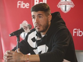 Toronto FC midfielder Alejandro Pozuelo speaks about the past season at their year-end press conference at the Training Academy at Downsview in Toronto on Wednesday.