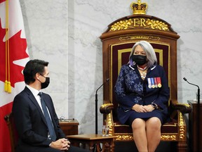Prime Minister Justin Trudeau looks on at Governor General Mary Simon ahead of the Throne Speech in the Senate of Canada in Ottawa, Nov. 23, 2021.