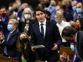 Prime Minister Justin Trudeau speaks in the House of Commons on Parliament Hill following the throne speech in Ottawa, Nov. 23, 2021.