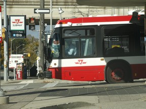 A TTC bus exits the Victoria Park subway station on Tuesday, November 16, 2021.