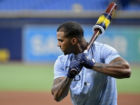 Wander Franco of the Tampa Bay Rays warms up prior to the game against the Los Angeles Angels at Tropicana Field on June 25, 2021 in St Petersburg, Florida.
