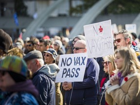 Freedom Over Fear rally in Nathan Phillips Square in Toronto, Ont. on Saturday November 6, 2021.