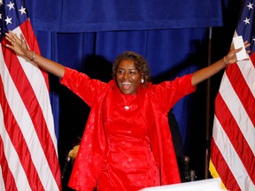 Former Republican Delegate Winsome Sears celebrates winning the race for Lt. Governor of Virginia during an election night party in Chantilly Virginia, November 3, 2021.