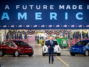 U.S. President Joe Biden arrives at the General Motors Factory ZERO electric vehicle assembly plant in Detroit, Michigan on Nov. 17, 2021.