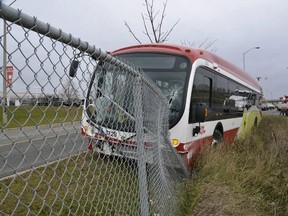 A TTC bus became unhooked from a tow truck and crashed into a fence on the Allen Rd. southbound offramp to Hwy. 401 on Saturday, Nov. 27, 2021.