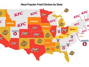 A map of top fried chicken eateries in the lower-48 states