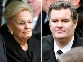 Loretta Rogers and her son, Edward Rogers, are pictured in this combination photo at the funeral for her late husband Ted Rogers, in Toronto on Dec. 9, 2008.
