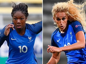 France midfielders Aminata Diallo, left, and Kheira Hamraoui
