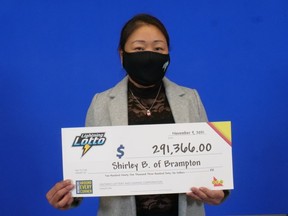 Shirley Broomfield, of Brampton, picks up her LIGHTNING LOTTO jackpot prize of $291,366 from the OLG Prize Centre. OLG