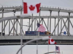 A truck crosses the Bluewater Bridge border crossing between Sarnia and Port Huron, USA