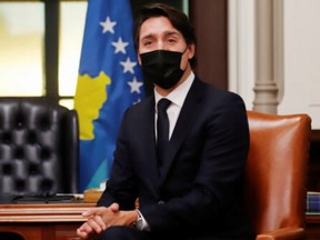 Prime Minister Justin Trudeau speaks while meeting with President of the Republic of Kosovo Vjosa Osmani-Sadriu in Ottawa on Nov.  23, 2021.