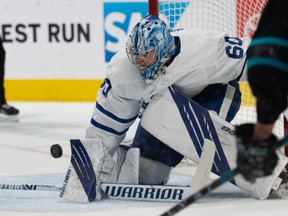Toronto Maple Leafs goaltender Joseph Woll blocks the puck during the first period against the San Jose Sharks at SAP Center at San Jose.