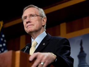 Senate Majority Leader Harry Reid (D-NV) speaks at a news conference with other senior Democratic Senators on efforts to reach an agreement on the federal budget on Capitol Hill on April 7, 2011 in Washington, DC.