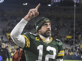 Green Bay Packers quarterback Aaron Rodgers reacts after the Packers defeated Los Angeles Rams on Nov 28, 2021, at Lambeau Field.