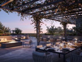 Rooftop amenities at Highland Commons include firepits and lounge seating.