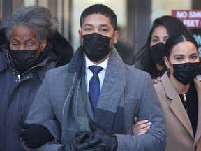 Former "Empire" actor Jussie Smollett leaves the Leighton Criminal Courts Building as the jury begins deliberation during his trial on December 8, 2021 in Chicago.