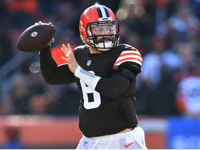Baker Mayfield of the Cleveland Browns throws a pass against the Baltimore Ravens in the first half at FirstEnergy Stadium on December 12, 2021 in Cleveland, Ohio.