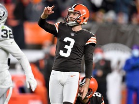 Chase McLaughlin of the Cleveland Browns watches his missed field goal during the first half against the Las Vegas Raiders at FirstEnergy Stadium on December 20, 2021 in Cleveland, Ohio.
