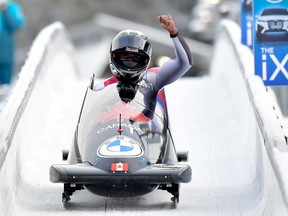 Canada's Cynthia Appiah reacts after winning the World Cup silver medal in monobob, her first medal as a pilot.