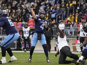 Argos quarterback McLeod Bethel-Thompson, throwing a pass against the Ticats during the East final at BMO Field on Sunday, and VP John Murphy were involved in nasty incidents immediately following the team’s loss.
