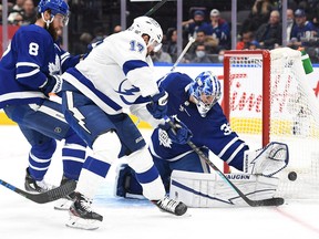 Maple Leafs goalie Jack Campbell makes a save against Tampa Bay Lightning's Alex Killorn in the first period Thursday at Scotiabank Arena in Toronto.