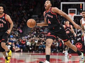 Toronto Raptors forward Scottie Barnes (4) drives against the New York Knicks in the second half at Scotiabank Arena. Barnes was Ryan Wolstat's First Star of the game.