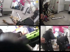 This December 23, 2021, still images from police bodycams released by the Los Angeles Police Department on December 27, 2021, shows the assault suspect laying on the ground after being shot by a police officer near the changing rooms.