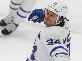 Toronto Maple Leafs forward Auston Matthews celebrates a goal against the Edmonton Oilers on Tuesday. Matthews is the second leading goal scorer in the league this season.