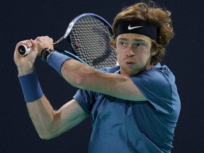Russia's Andrey Rublev in action during his final match against Britain's Andy Murray at the Mubadala World Tennis Championship, in Abu Dhabi, United Arab Emirates, Dec. 18, 2021.