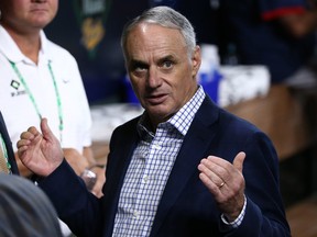 MLB commissioner Rob Manfred before game one of the 2021 World Series between the Houston Astros and Atlanta Braves at Minute Maid Park at Oct 26, 2021.