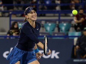 Switzerland's Belinda Bencic in action during her match against Tunisia's Ons Jabeur in the Mubadala World Tennis Championship at International Tennis Centre, Zayed Sports City, Abu Dhabi, United Arab Emirates, Dec. 16, 2021.