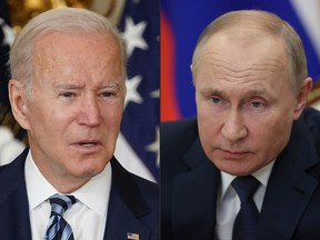 This combination of file pictures created on December 6, 2021 shows President Joe Biden during a signing ceremony at the White House in Washington on November 18, 2021; and Russian President Vladimir Putin in a congress of the United Russia party in Moscow, on December 4, 2021.