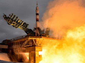 The Soyuz MS-20 spacecraft carrying the crew of Russian cosmonaut Alexander Misurkin, Japanese billionaire Yusaku Maezawa and his production assistant Yozo Hirano blasts off to the International Space Station (ISS) from the Moscow-leased Baikonur cosmodrome in Kazakhstan on December 8, 2021.