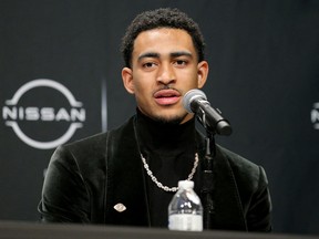 Heisman candidate Bryce Young of Alabama speaks to the media during a press conference at the New York Marriott Marquis in New York City.