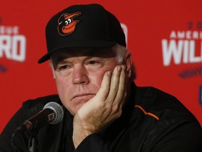 Baltimore Orioles manager Buck Showalter speaks to the media after his team has batting practice at the Rogers Centre in Toronto on Monday October 3, 2016.