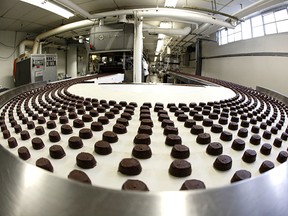 See's Candies Inc. chocolate truffles travel on a conveyor belt before being coated in the truffle room at the company's factory in San Francisco, California, on Monday, Oct. 10, 2011.